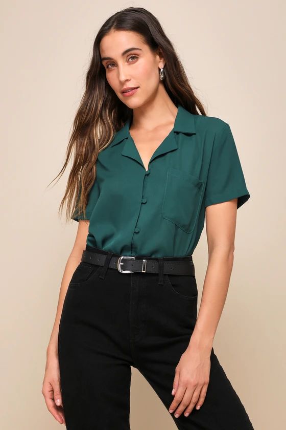 Good Luck Charm Dark Green Short Sleeve Button-Up Top | Lulus