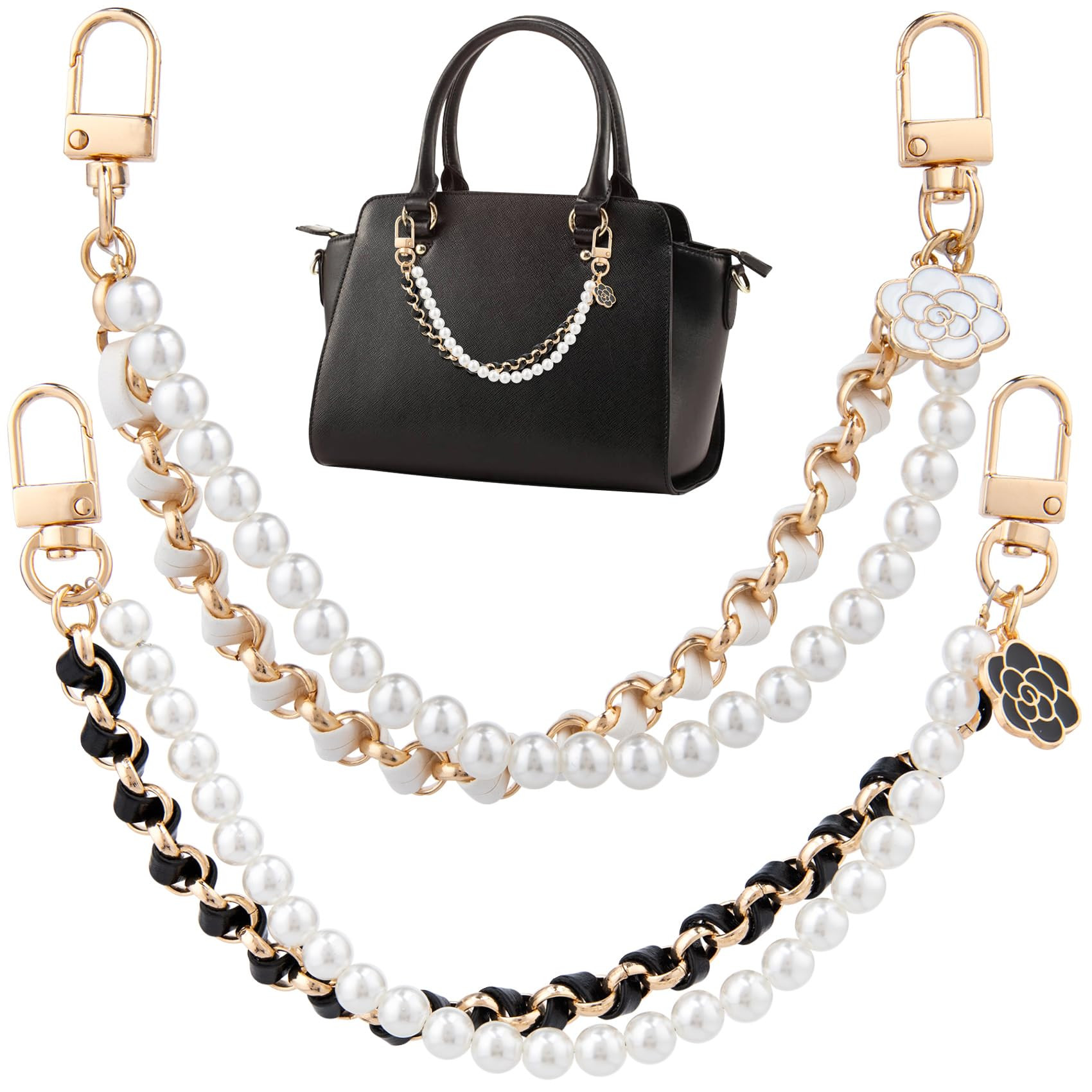 HINZIC 2Pcs Pearl Purse Chain Extender 10inch Black Gold Handbag Straps Cute Flower Metal Shoulde... | Amazon (US)