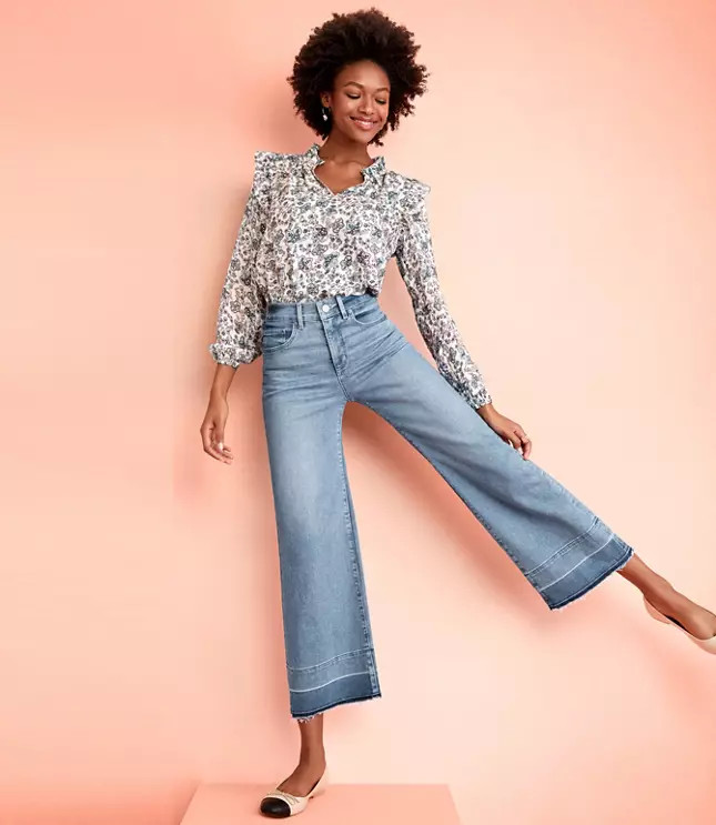 Let Down Hem High Waist Wide Leg Crop Jeans in Vivid Light Indigo Wash | LOFT | LOFT