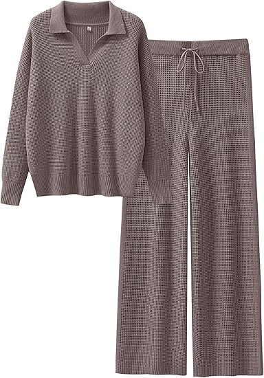 ANRABESS Womens Two Piece Outfits Sweater Sets Waffle Knit Pullover Wide Leg Pants Tracksuit Swea... | Amazon (US)