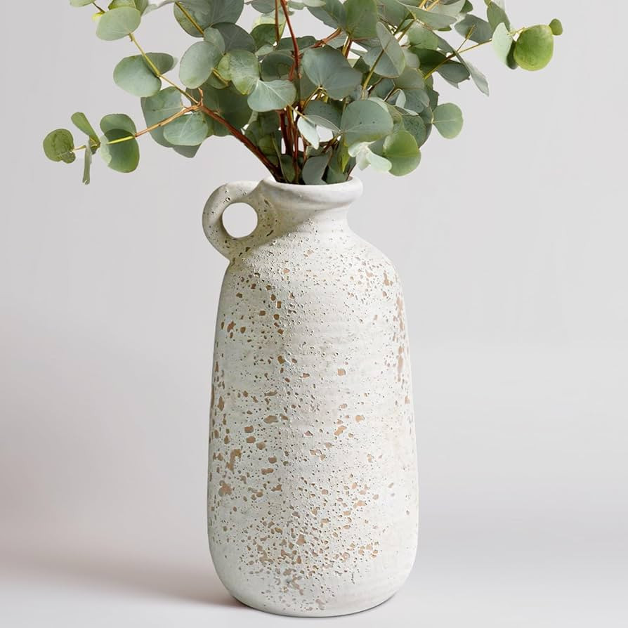 Sunddo White Ceramic Vase, Rustic Farmhouse Decorative Vase with Handle, Farmhouse Decor, Centerp... | Amazon (US)