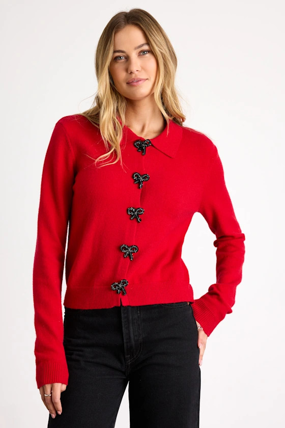 Daleena Red Bow Collared Cardigan Sweater | Lulus