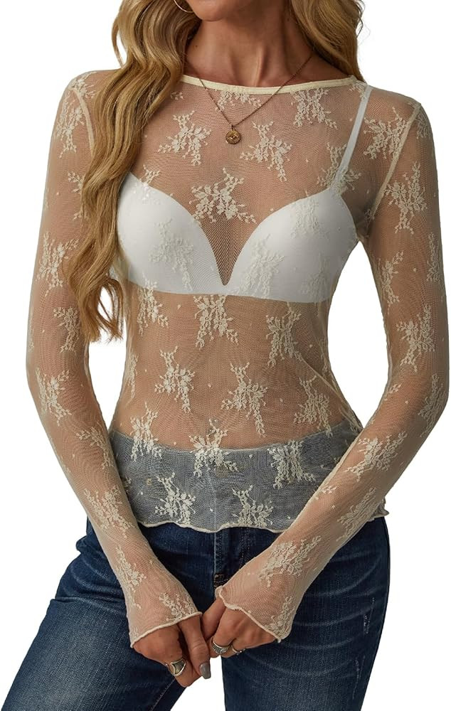 Womens Mesh Long Sleeve Tops Crew Neck Sexy See Through Tee Shirts Party Club Night Lace Blouse | Amazon (US)
