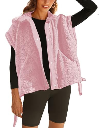 VAOYIU Women's Chic Fleece Sleeveless Jacket Casual Vest Oversized Button Down Outerwear Trendy Clothings with Pockets(Pink-L) | Amazon (US)