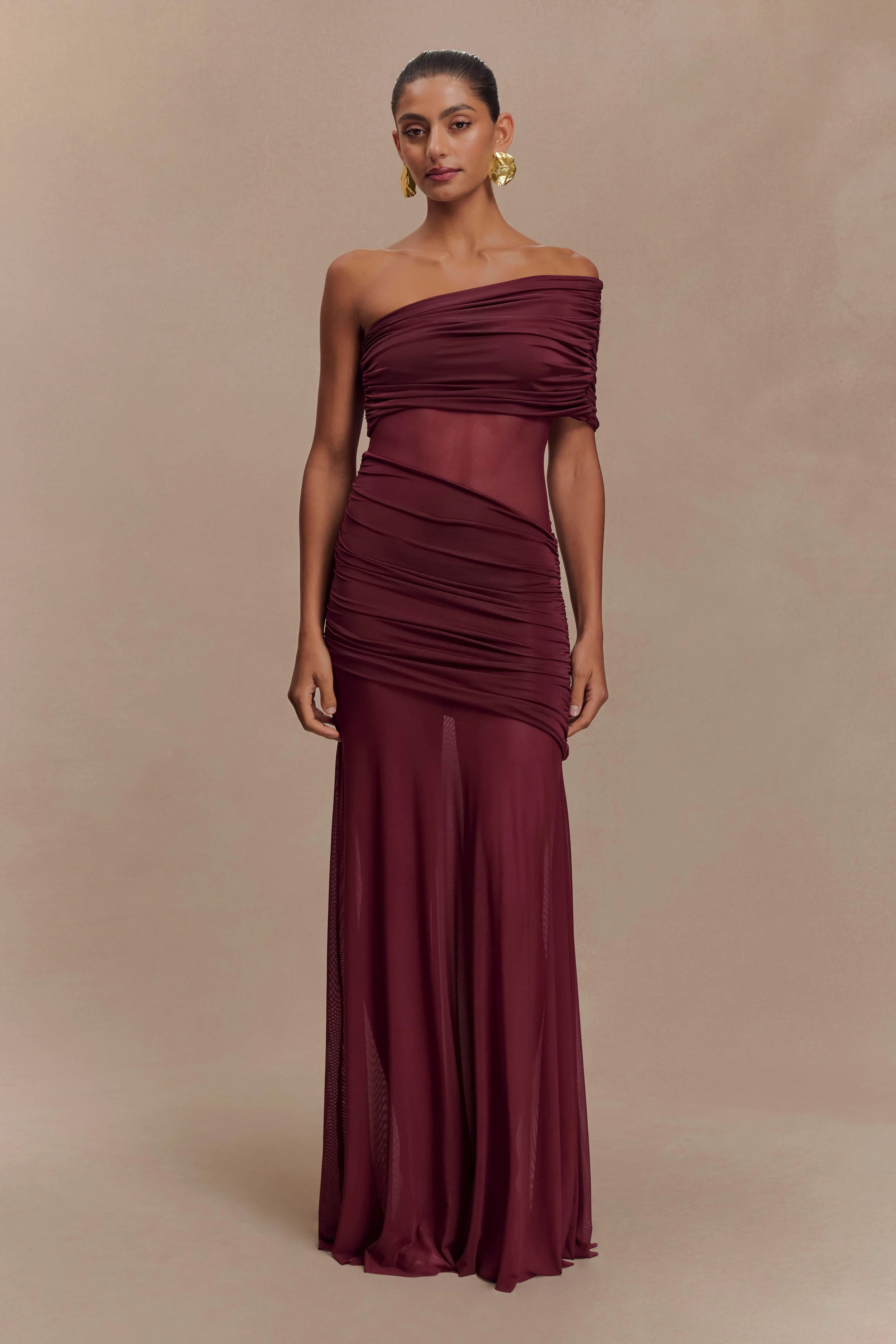 Dallas One Shoulder Mesh Maxi Dress - Burgundy | MESHKI US