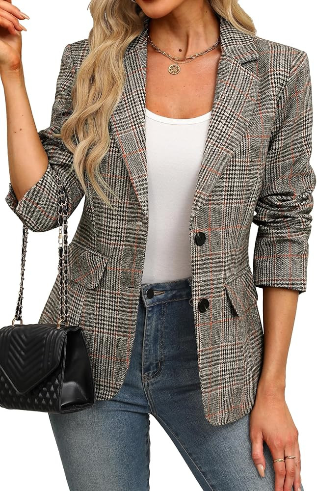 ELLEVEN Women's Lapel Collar Plaid 2 Button Boyfriend Blazer Suit Houndstooth Work Office Blazer ... | Amazon (US)