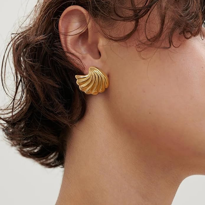 Gold Statement Earrings for Women Trendy, Chunky Gold Earrings Big Shell Wings Textured Dome Earr... | Amazon (US)