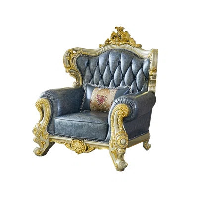 Luxury European-style Leather With Carved Chair 53'' Wide Tufted Genuine Leather Armchair | Wayfair North America