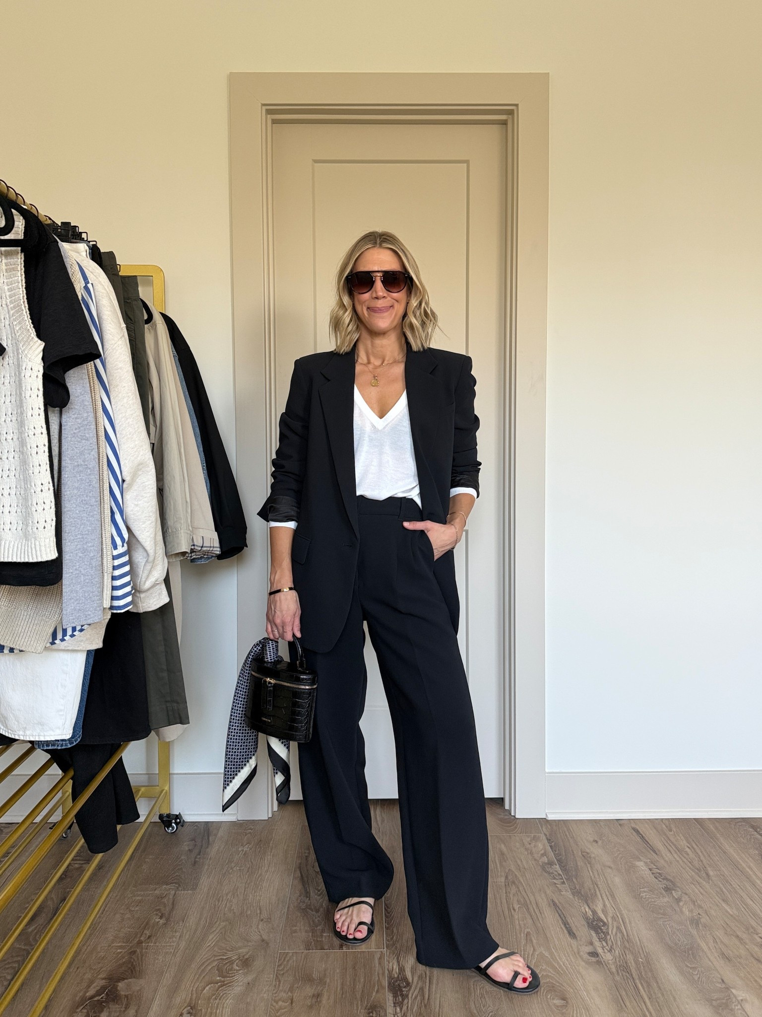 Wearing 4 trousers, small sweater, 4 blazer, sandals tts

#LTKootd #LTKOver40 #LTKgrwm