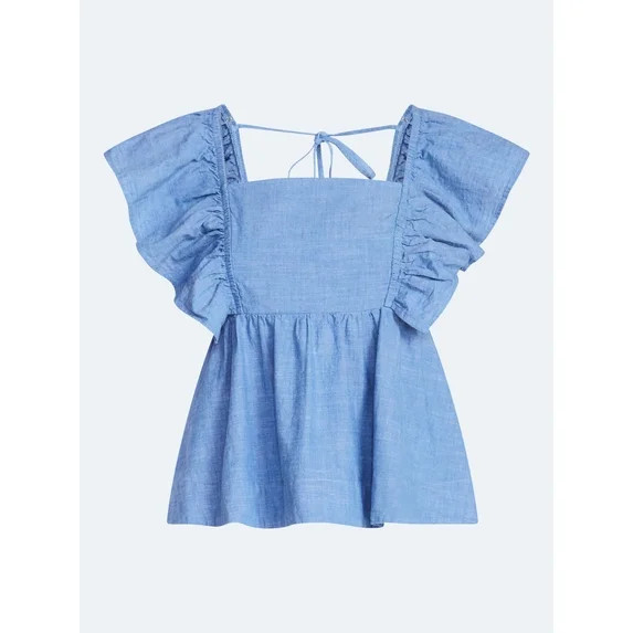 Free Assembly Women's Square Neck Cotton Top with Flutter Sleeves, Sizes XS-XXL | Walmart (US)