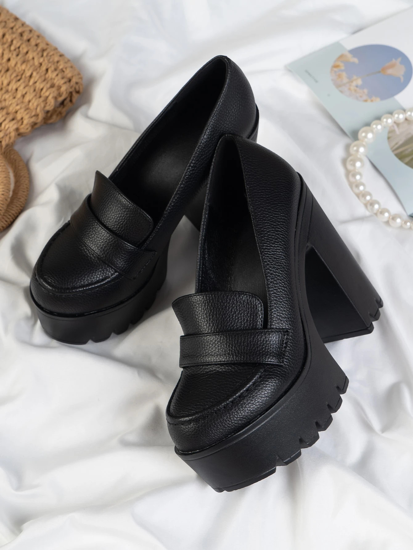 Litchi Embossed Ultra Heeled Loafers, Women's High Heel Oxford Shoes, Solid Color Black | SHEIN