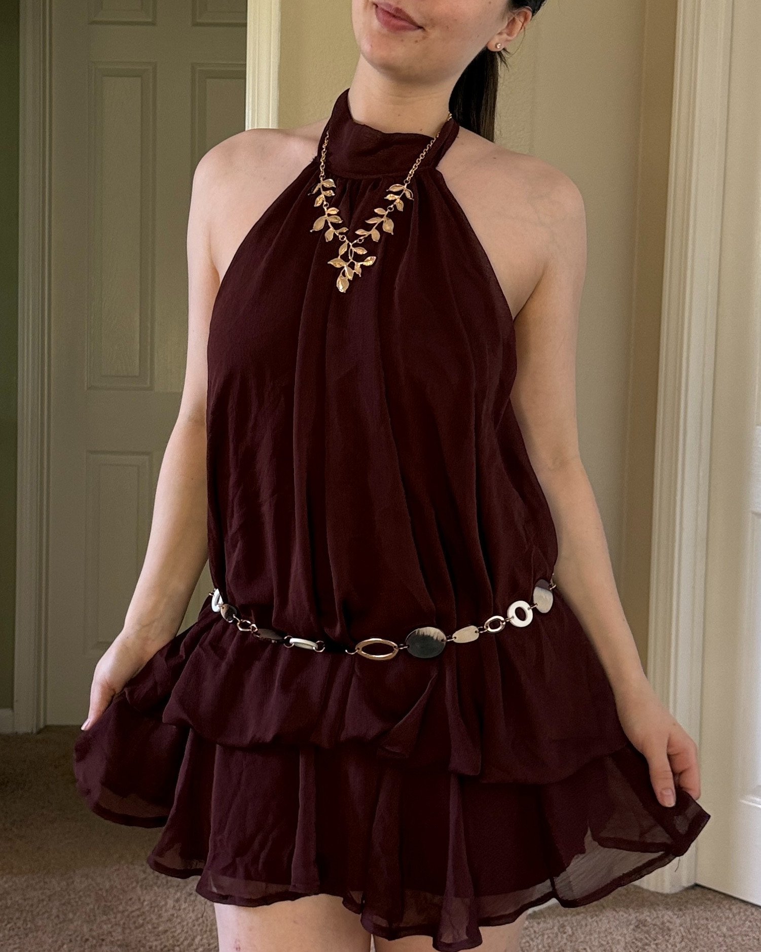 True to size! Night out outfit, date night outfit, girls night outfits, mini dress outfit, y2k fashion, y2k outfits, y2k inspo, brown mini dress, halter dress, accessories outfit, personal style 

 #LTKootd