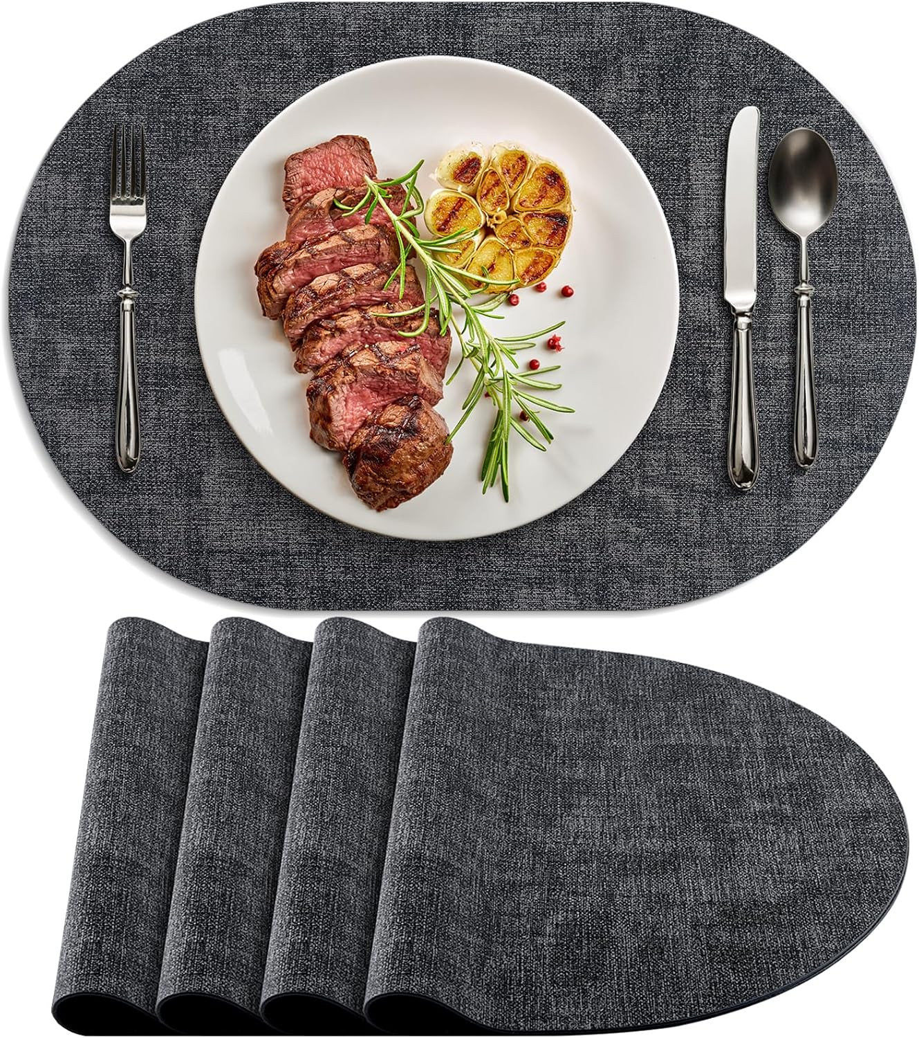 Placemats for Dining Table Set of 4 Non-Slip, Heat Resistant Oval Leather Placemat Double Layer, Waterproof Table Mats Easy to Clean for Kitchen Dining Room Coffee Office Table, Charcoal | Amazon (US)