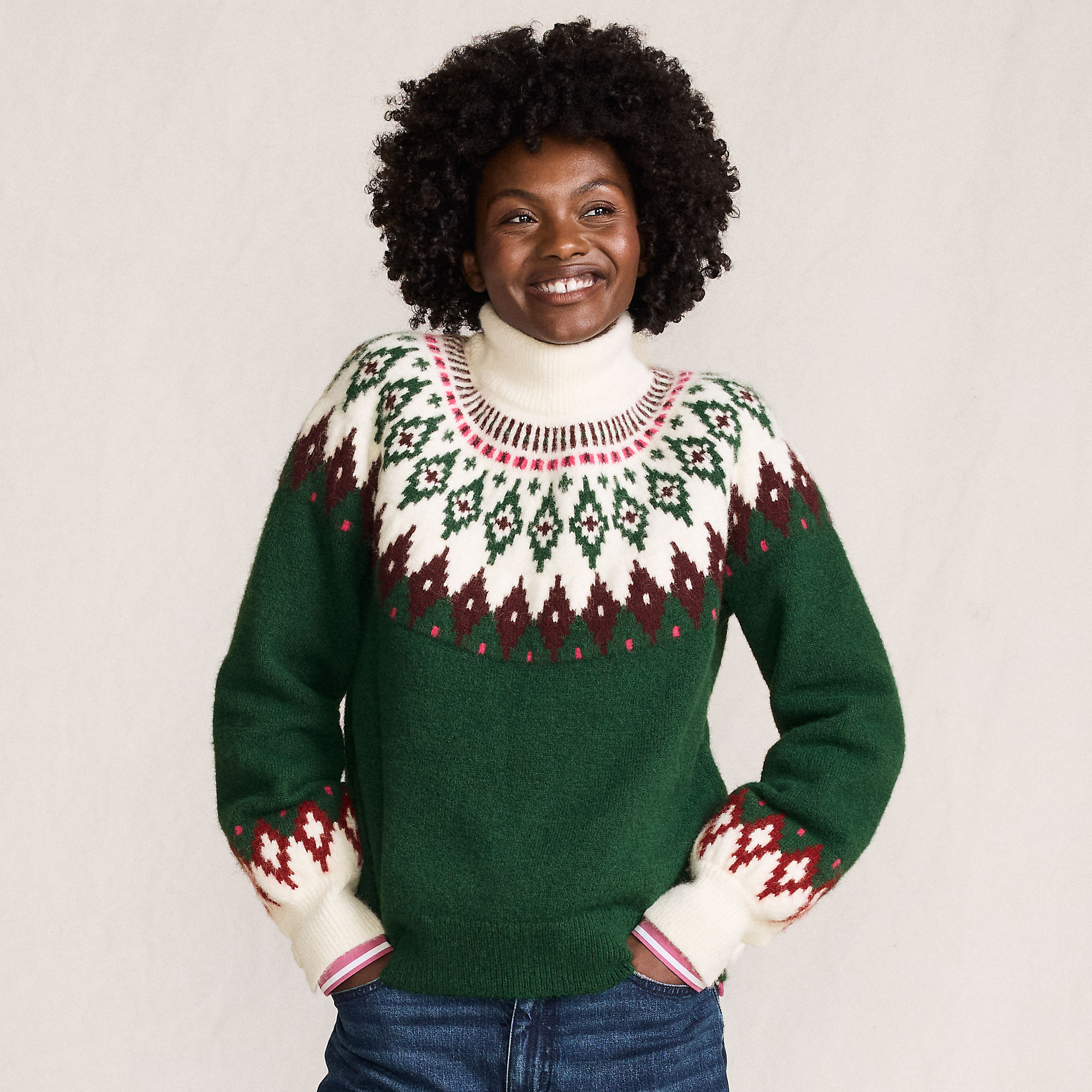 Women's Fuzzy Turtleneck Lantern Sleeve Jacquard Sweater | Lands' End (US)