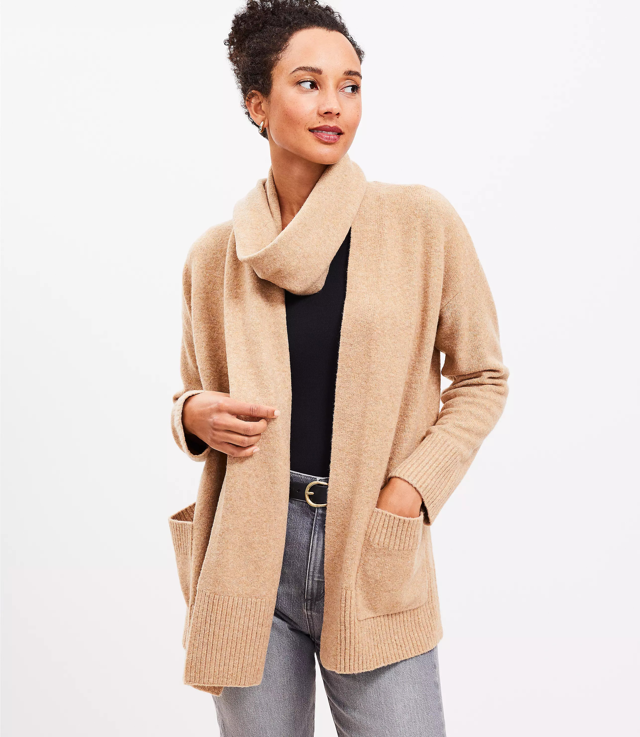 Scarf Neck Open Pocket Cardigan | LOFT