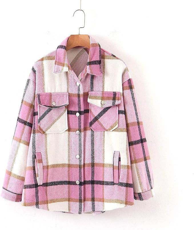 SLLSKY Womens Wool Blend Plaid Lapel Button Short Shacket Shirts Coats | Amazon (US)