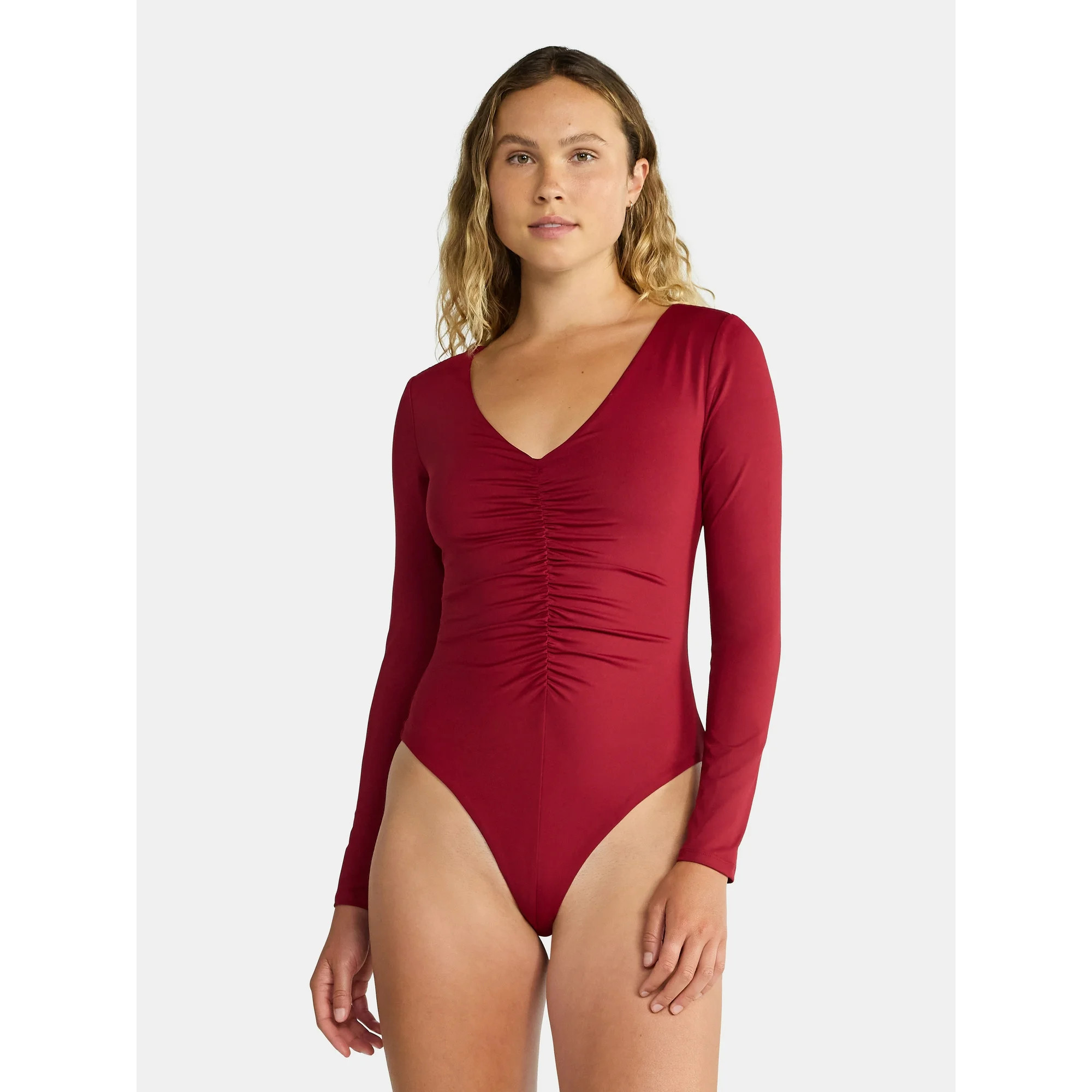Madden NYC Women's Ruched Sculpting Bodysuit with Long Sleeves, Sizes XXS-XXL | Walmart (US)