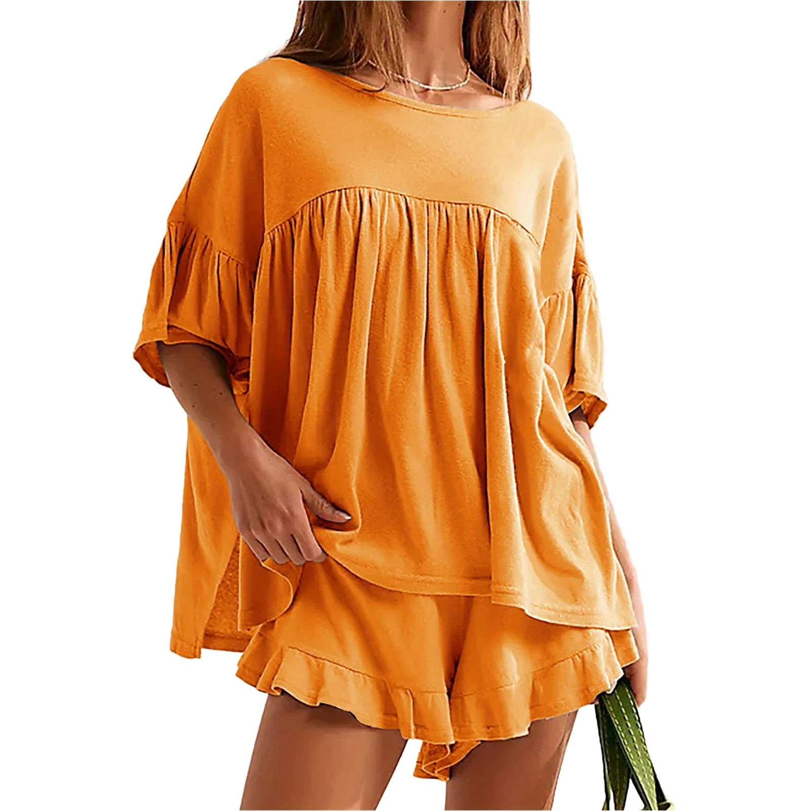 Short Sleeve Ruffle Patchwork Women Lounge Matching Set 2 Piece Sets Shirt and Shorts | Walmart (US)