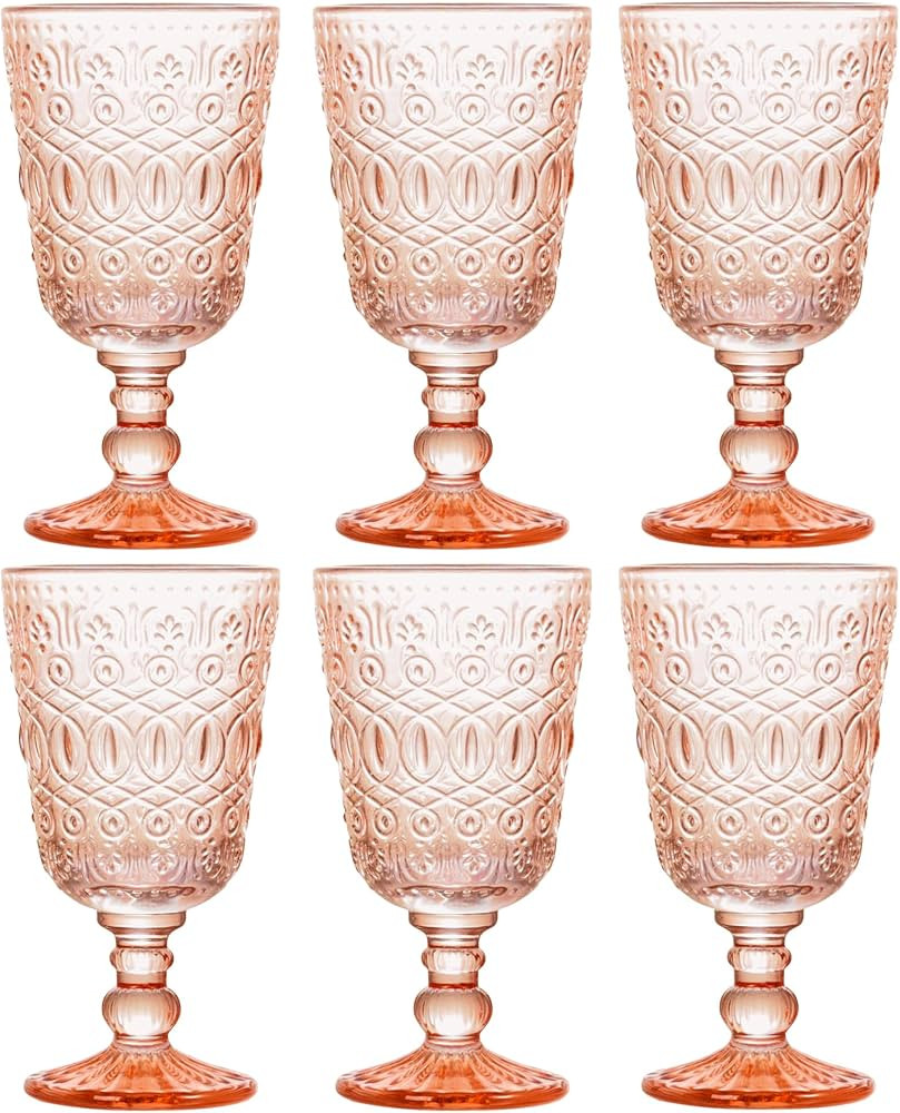 6 Pack Vintage Embossed Glass Goblets – 10oz Colored Wine Glasses with Relief Pattern, Thick Gl... | Amazon (US)