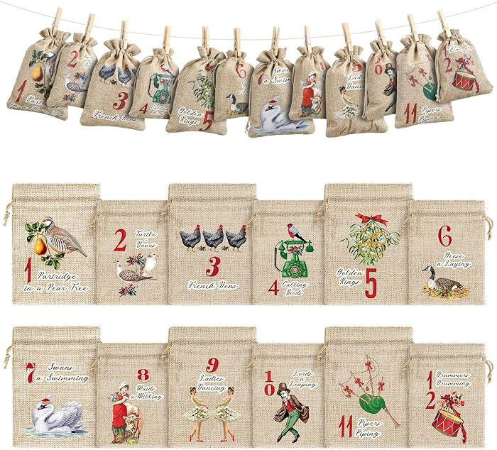 12pcs 12 Day of Christmas Countdown Advent Calendar Gift Bags Reusable Burlap Christmas Goody Bag... | Amazon (US)