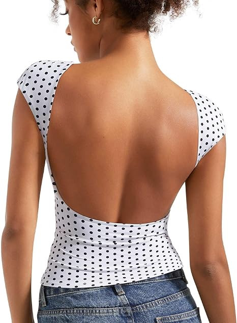 SUUKSESS Women Backless Sexy Going Out Tops Double Lined Open Back Y2k Basic Tee Shirts | Amazon (US)