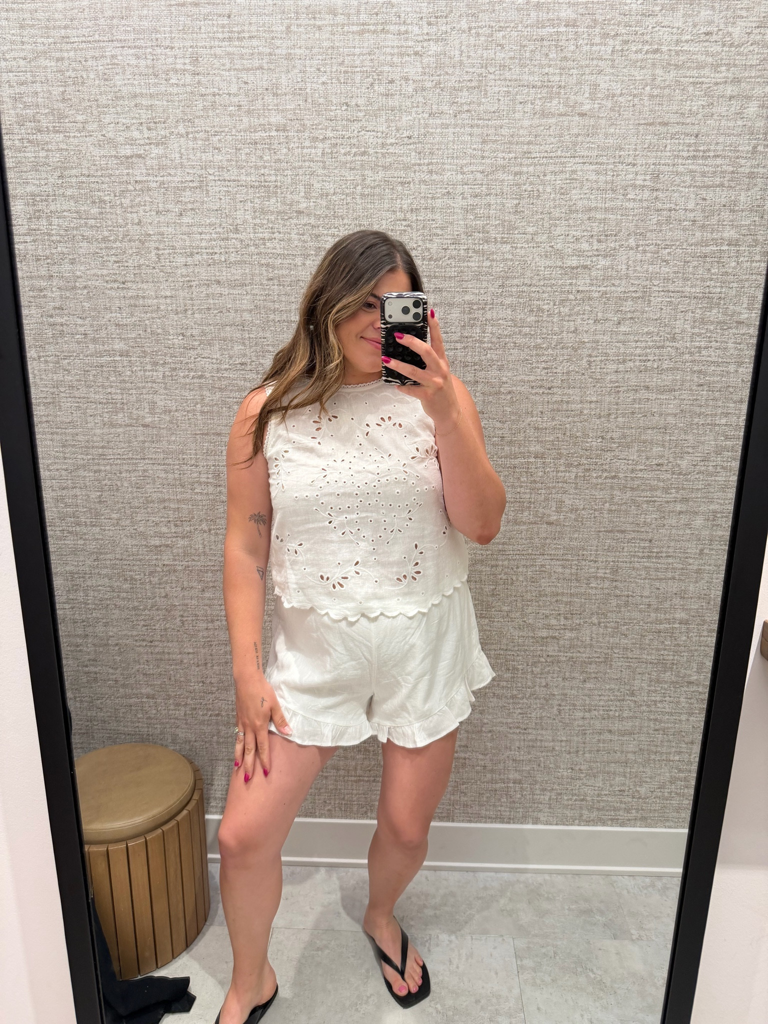 Abercrombie linen set! Obsessed for summer! Wearing large in the dainty tank top and large in the white ruffle shorts ￼