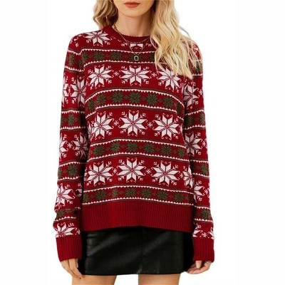 Clearlove Clearlove Christmas Sweaters for Women Casual Crewneck Long Sleeve Snowflake Print Cable Knit Pullover Sweater Tops Red L | Target
