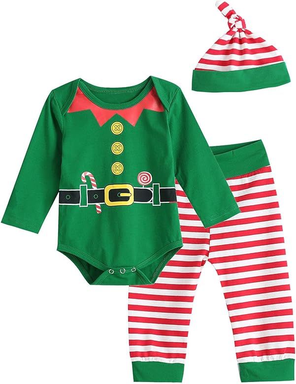 Christmas Outfit Set Baby Boy Girl Striped Bodysuit with Hat | Amazon (US)