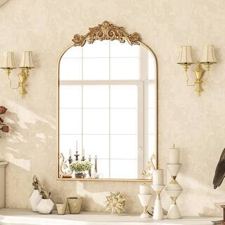 26 in. W x 41 in. H Arched Bronze Aluminum Alloy Framed with Carved Decoration Wall Mirror | The Home Depot