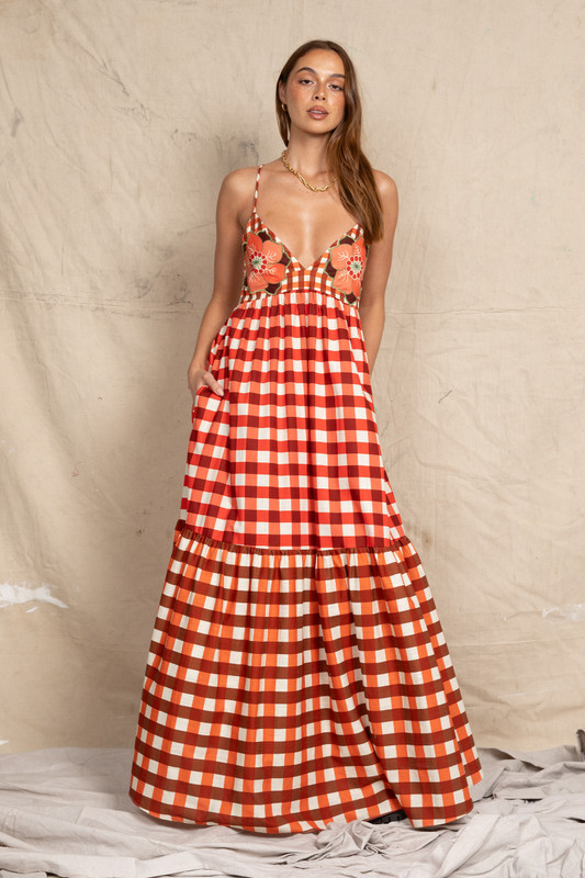 Gingham Embroidery Dress in Ruby Cream | Bohemian Traders