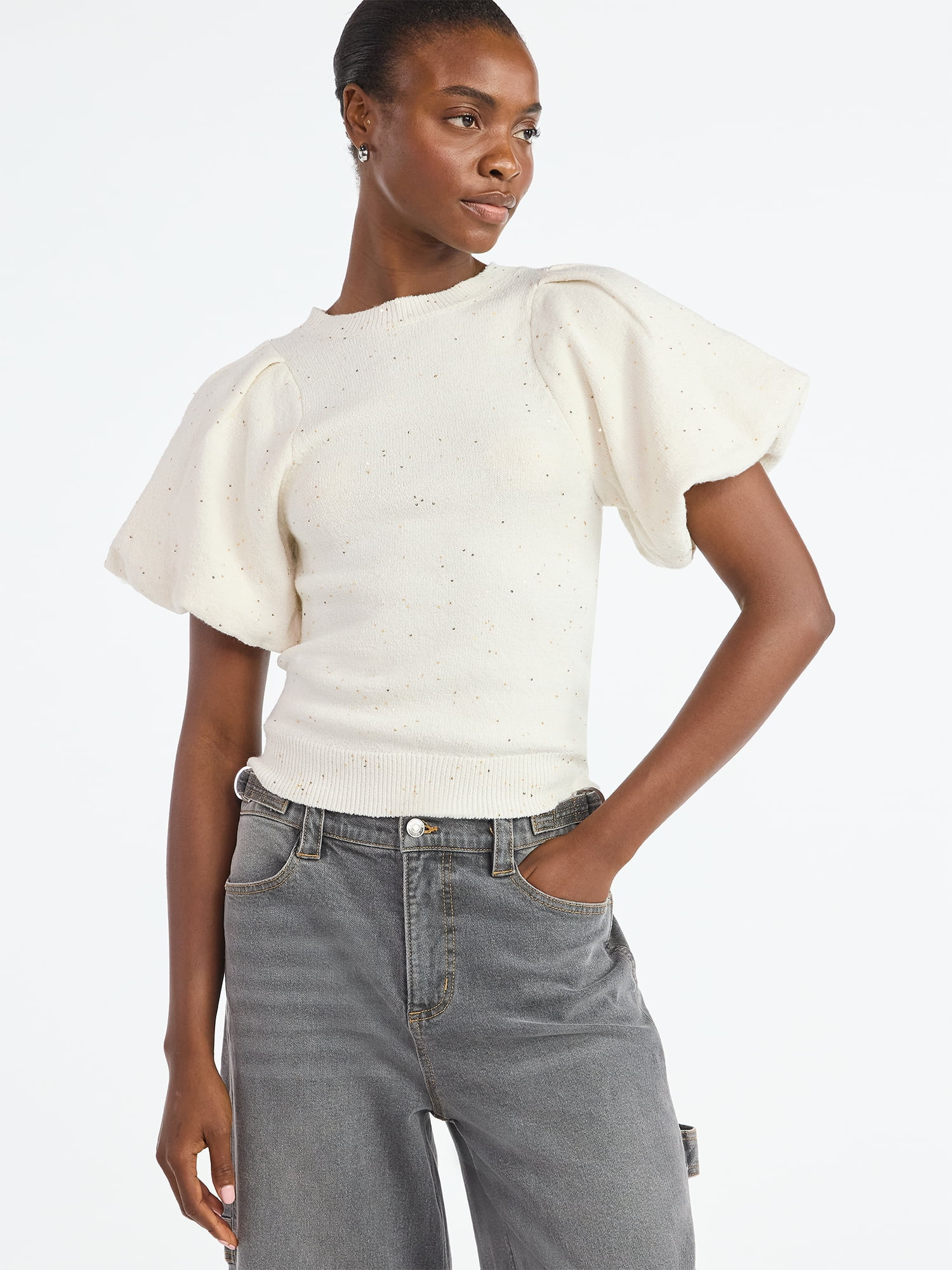 Scoop Women's and Women's Plus Sequin Sweater Top with Puff Sleeves, Lightweight, Sizes XS-4X | Walmart (US)