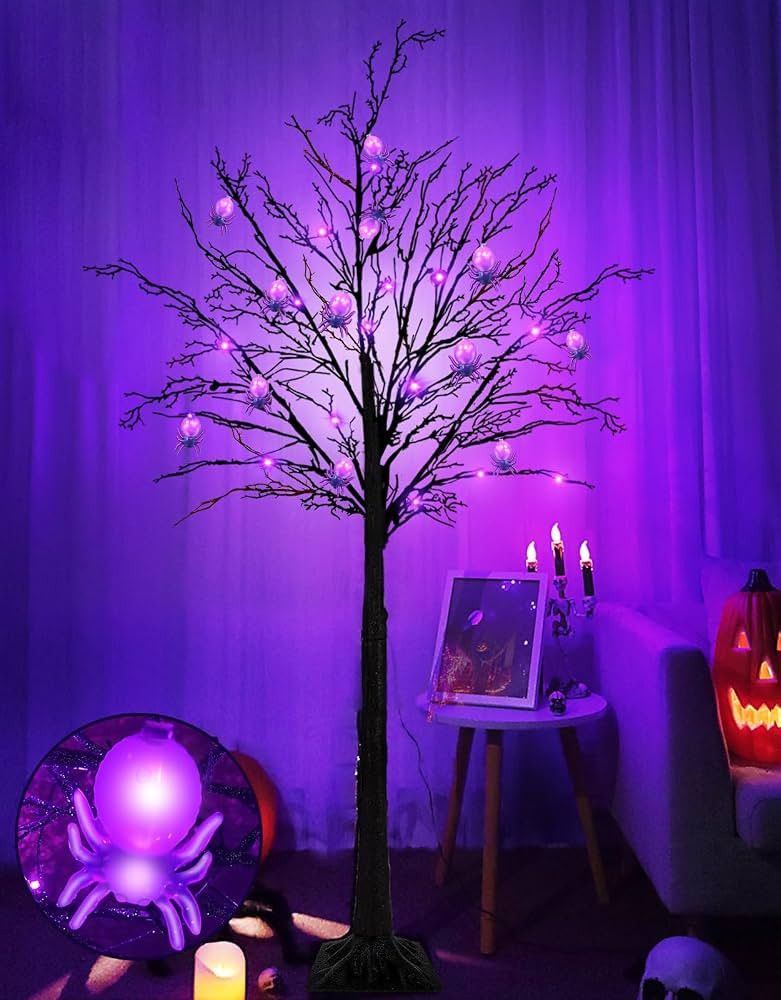 [Timer] 5.5 Ft High Halloween Lighted Tree Decor Black Spooky Tree with 96 Purple LED Lightes and... | Amazon (US)