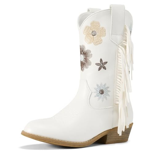Rollda Girls Cowboy Boots, Cowgirl Boots with Tassel, Floral Embroidered Kids Western Boots for Toddler/Little Kid/Big Kid White Size 12 | Amazon (US)