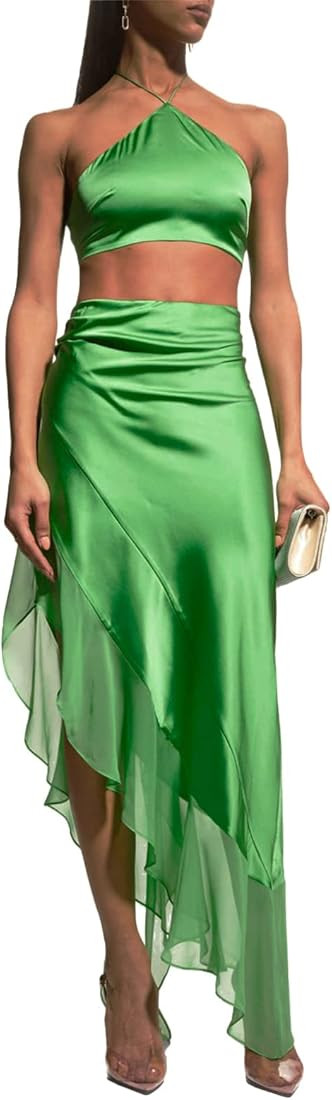 Dcohmch Women’s Sexy Two Piece Summer Outfits, Sleeveless Ruffle Crop Cami Tops and Asymmetric ... | Amazon (US)