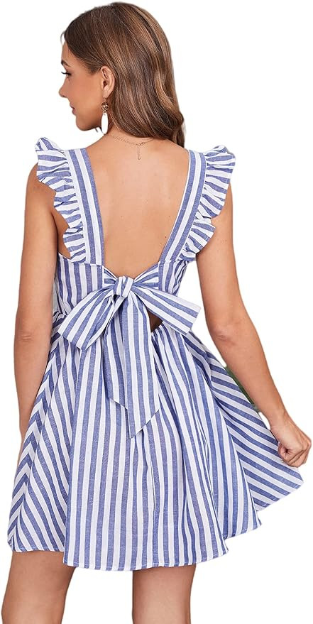 Romwe Women's Cute Tie Back Ruffle Strap A Line Fit and Flare Flowy Short Dress | Amazon (US)