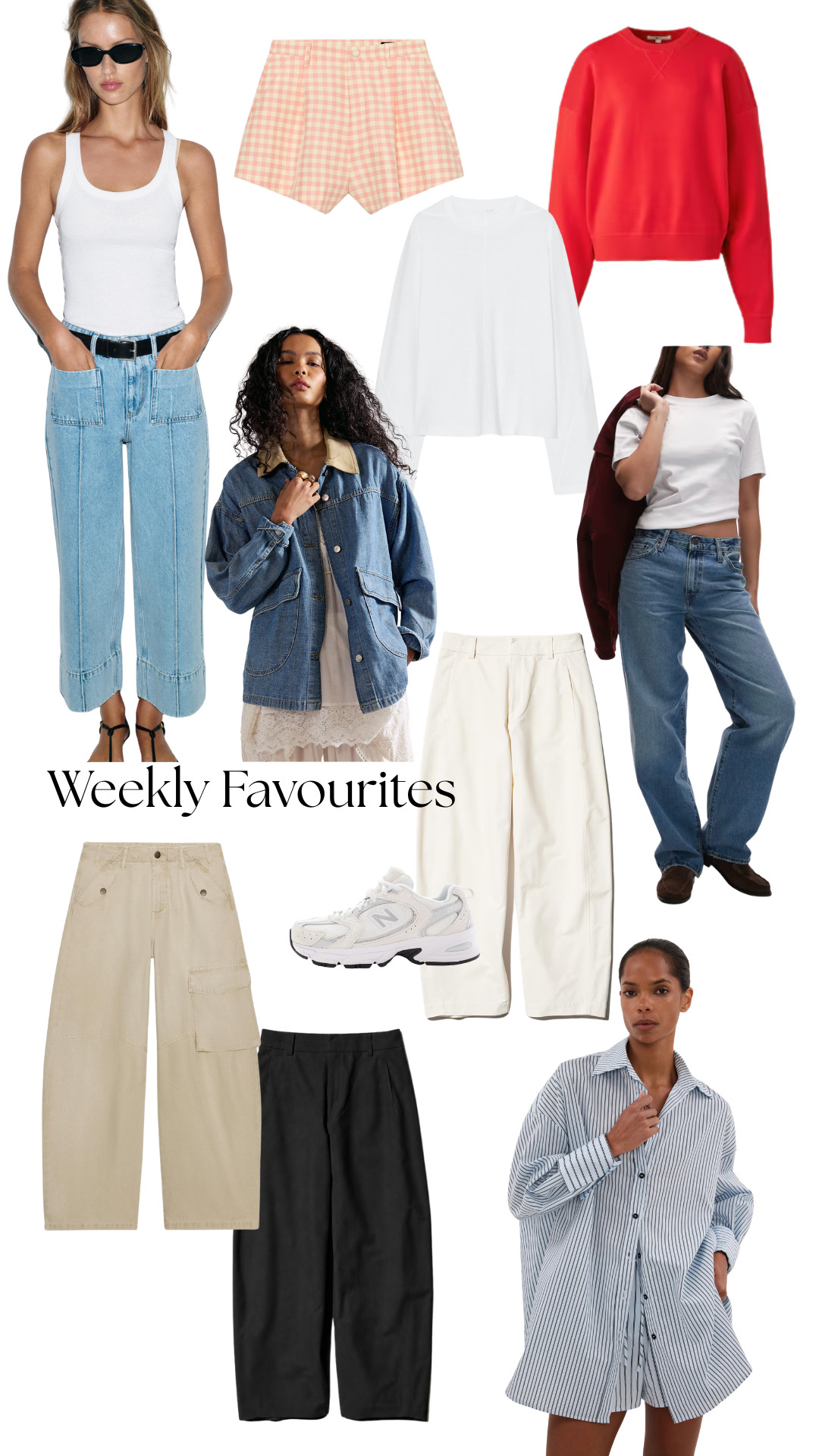 weekly favourites, spring fashion, casual outfits, everyday style, capsule wardrobe, wardrobe staples, elevated basics, neutral outfits, denim outfits, wide leg jeans, straight leg jeans, white tank top, white tee, white long sleeve top, red sweatshirt, striped oversized shirt, denim jacket, gingham shorts, white trousers, cream cargo pants, black wide leg trousers, white sneakers, effortless style, chic casual, minimal style, transitional dressing 

 #LTKspring #LTKeurope #LTKjeans