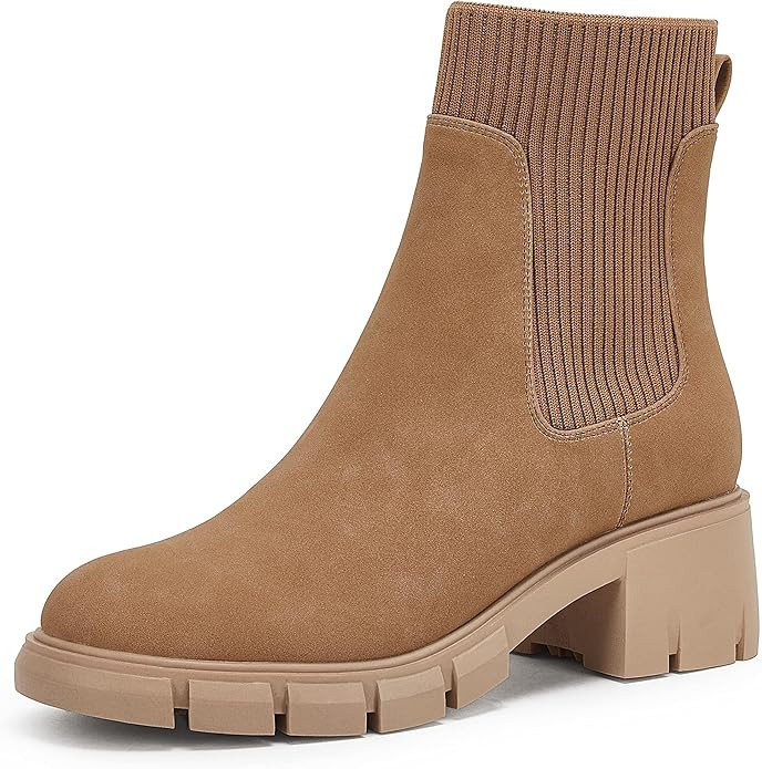 Womens Lug Sole Chelsea Boots Slip On Chunky Block Heel Elastic Platform Ankle Booties | Amazon (US)