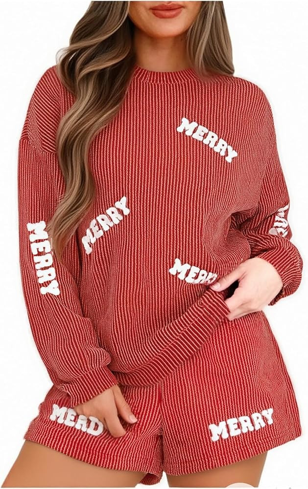 UNIQUEONE Christmas 2 Piece Sequin Outfits Women Merry Sweatshirt and Shorts Set Christmas Pajama... | Amazon (US)