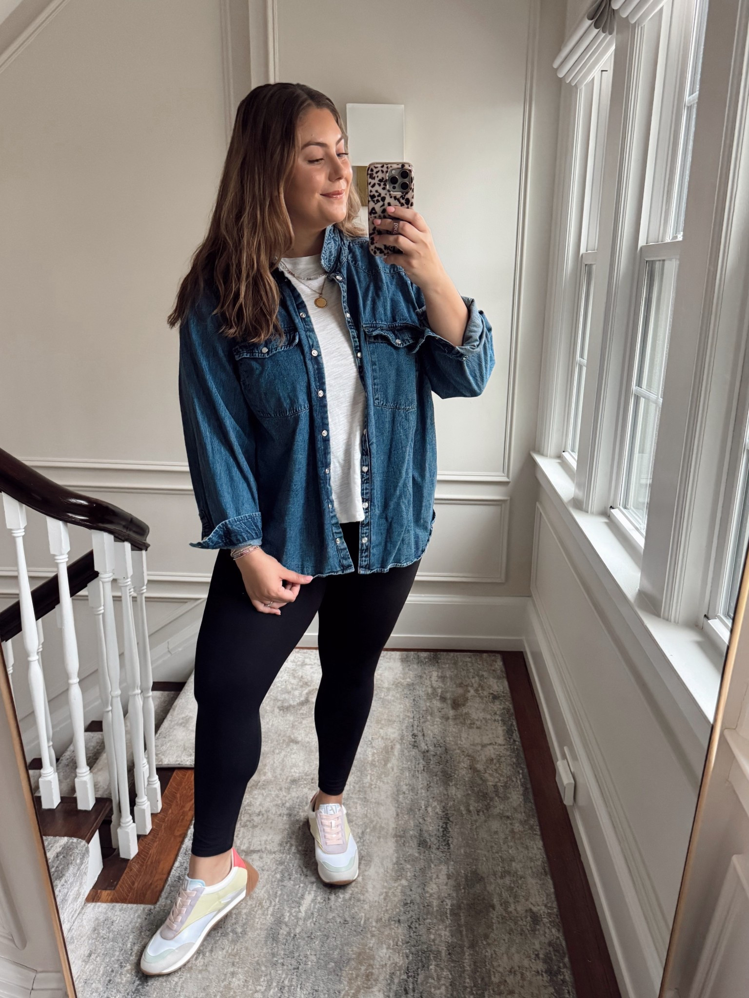 Chilly spring weekend outfit - wearing size XL in denim top, 1X in white tee, 1X in leggings. Use CARALYNM at Cakes Body. Use CARALYNMIRAND at Loopy Cases. 

#LTKMidsize #LTKSeasonal #LTKStyleTip