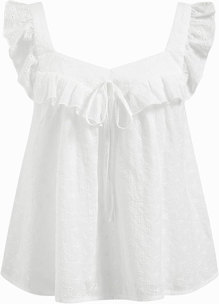 CIDER Womens Going Out Tank Crop Tops Eyelet Embroidered Floral Ruffle Square Neck Tie Sleeveless... | Amazon (US)