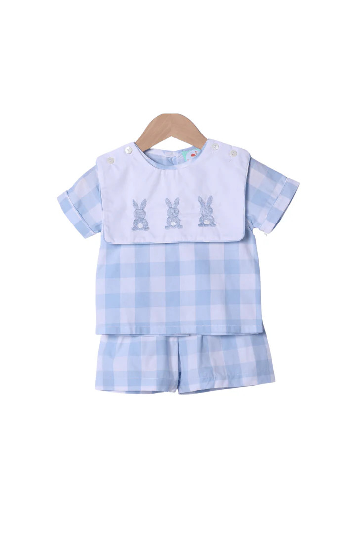Hand Embroidered Bunny Blue Buffalo Check Tab Short Set | The Smocked Flamingo