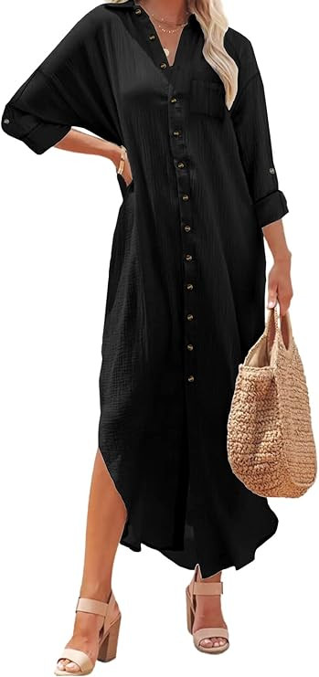 Kuraki Women's Casual Print Button Front Maxi Shirt Dress | Amazon (US)