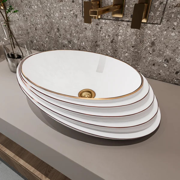 MEJE 21" Rose Gold Embossed Art Basin, Ceramic Slant Oval Bathroom Sink (with Pop Up Drain) | Wayfair North America
