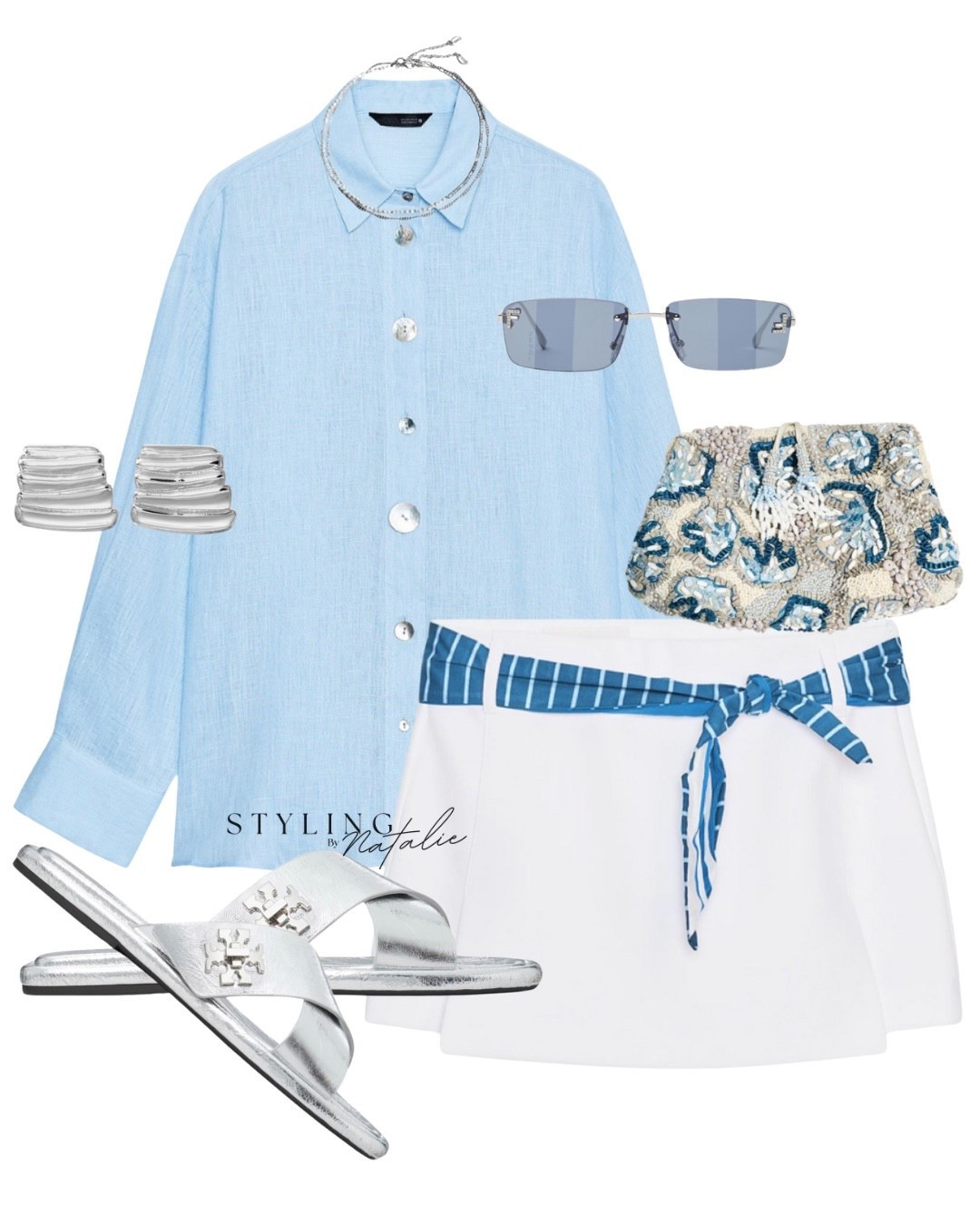 ZARA Styling🩵 Blue linen shirt, white mini skirt with blue scarf detail, silver slides, beaded bag & sunglasses. Summer outfits 

#LTKuk #LTKsummer #LTKeurope