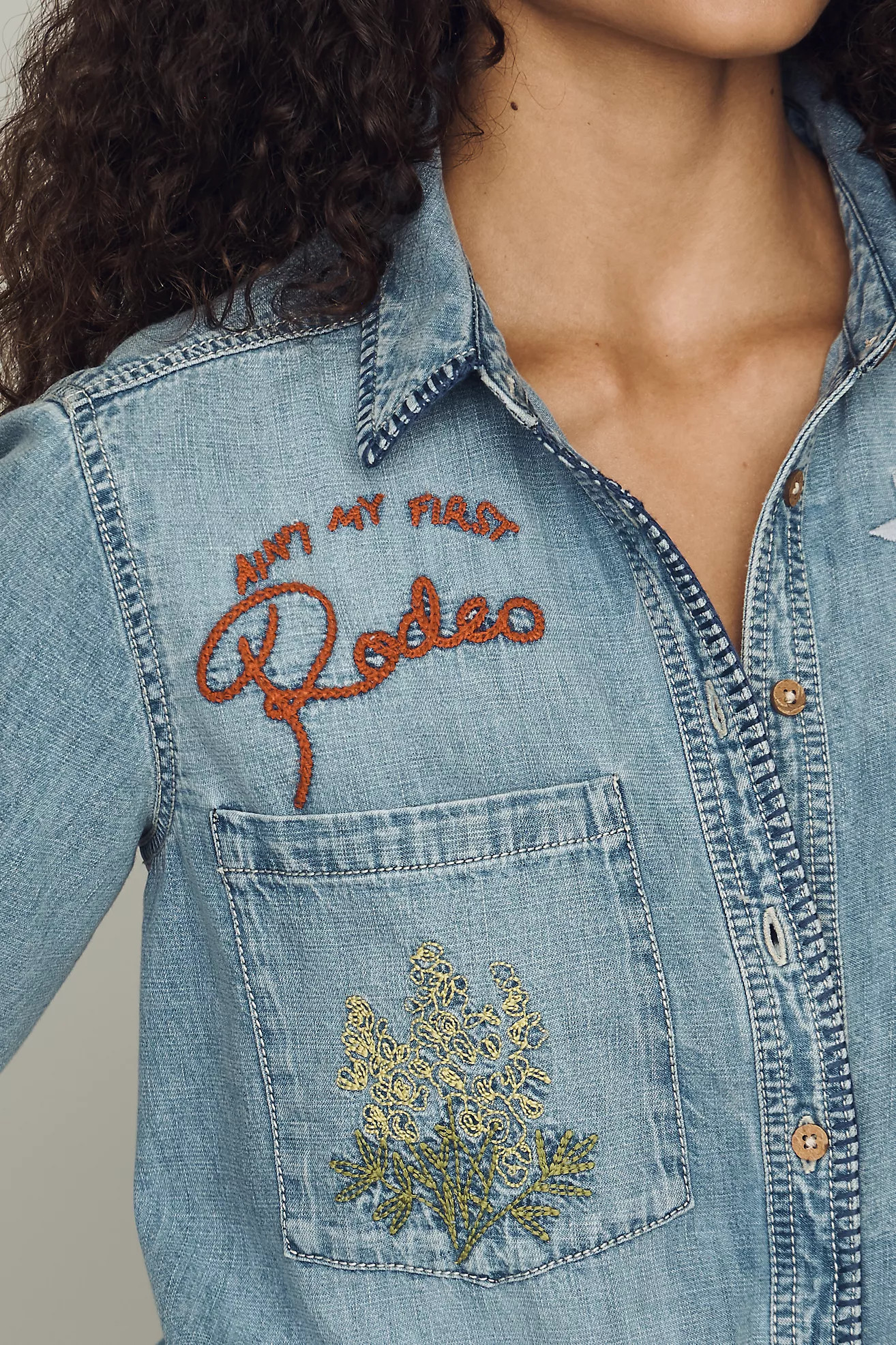 Pilcro Long-Sleeve Embroidered Icon Denim Buttondown Shirt | Anthropologie (US)