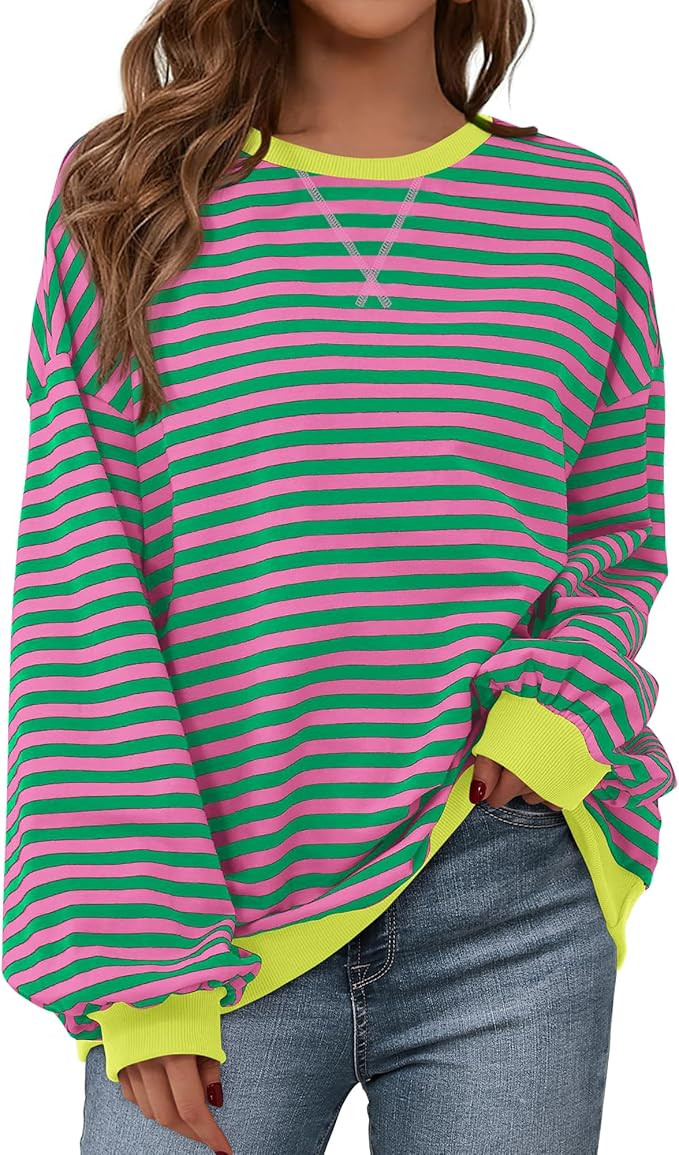 BTFBM Womens Oversized Striped Sweatshirt Crewneck Long Sleeve Pullover Top Casual Y2K Fall Cloth... | Amazon (US)