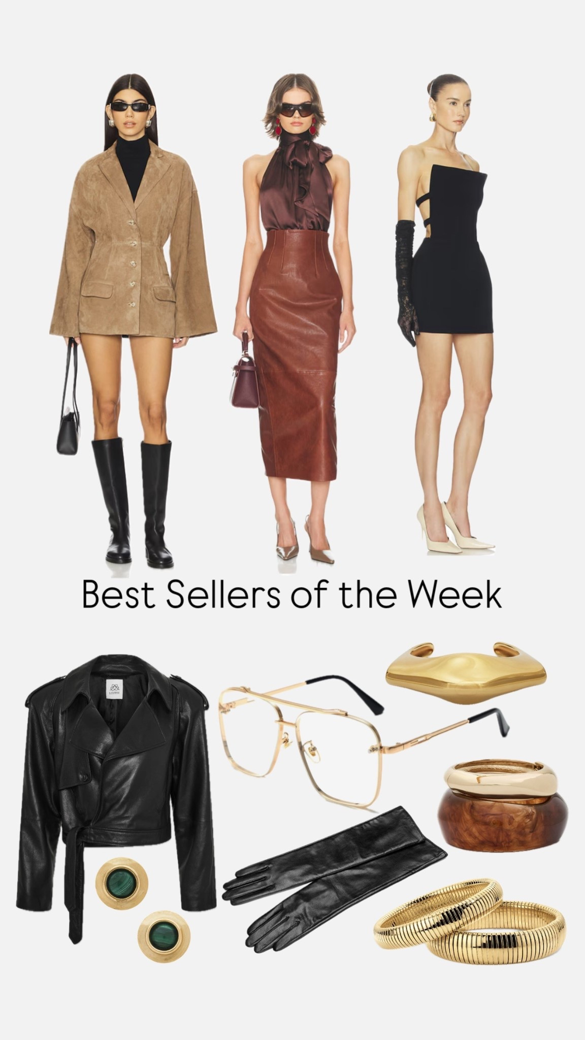 Best sellers of the week 🤍 timeless silhouettes, rich textures, and statement accessories that elevate every look. These are the pieces you’re loving on repeat.

✨Use code lisad20 for the Electric Picks bangles✨

Helsa skirt, Helsa mini dress, Eves suede jacket, suede blazer, leather midi skirt, black mini dress, strapless dress, Khaite cuff bracelet, Electric Picks bangles, gold statement jewelry, leather gloves, oversized sunglasses, fall fashion, neutral outfits, elevated basics, capsule wardrobe, designer accessories, best sellers, chic essentials