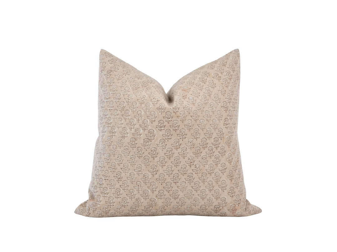 FIELE Designer Sand Floral Linen Pillow Cover Block Print Pillow Farmhouse Pillow Light Tan Pillo... | Etsy (US)