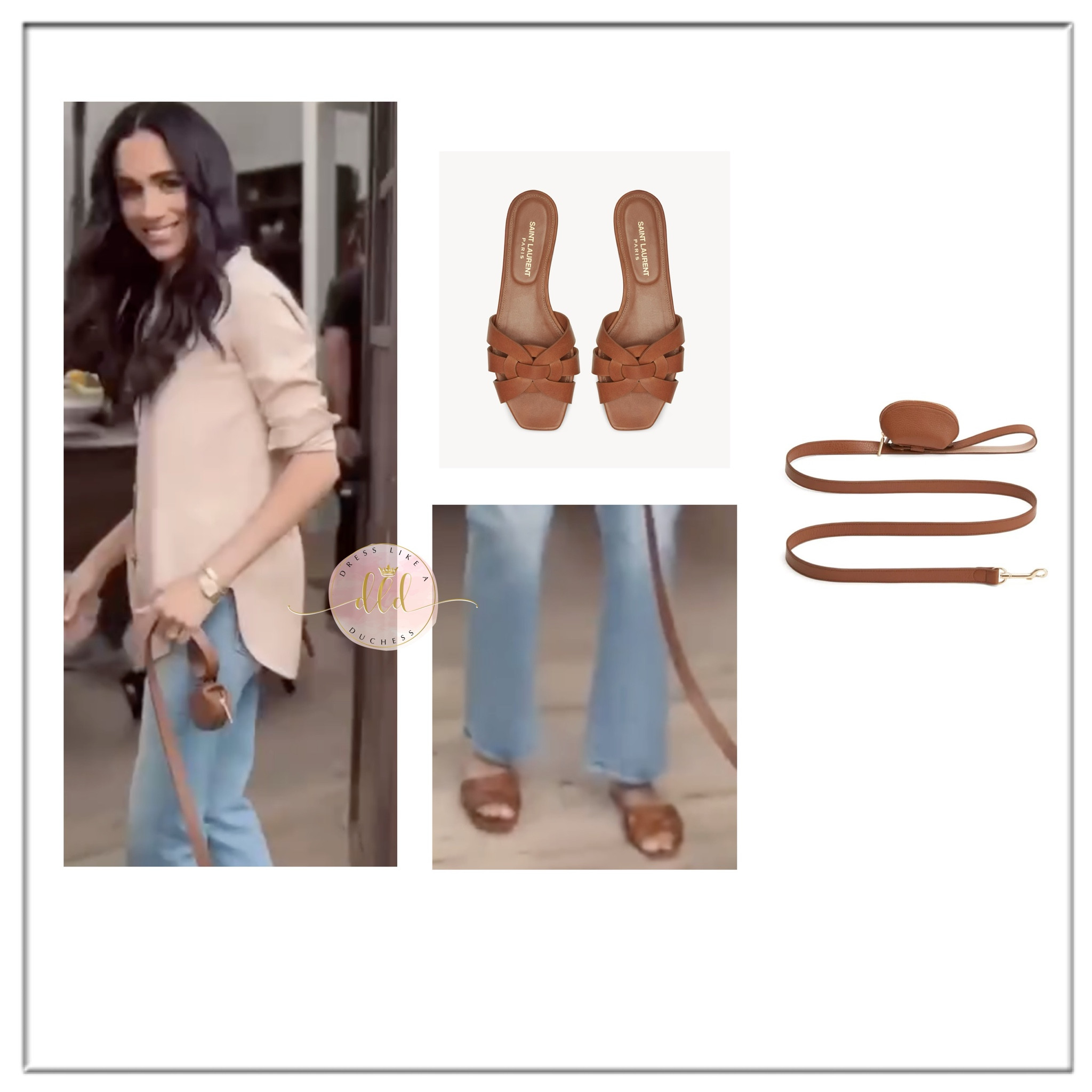 Meghan Markle in With Love, Meghan wearing YSL tribute sandals and carrying her Cuyana zero waste dog leash 