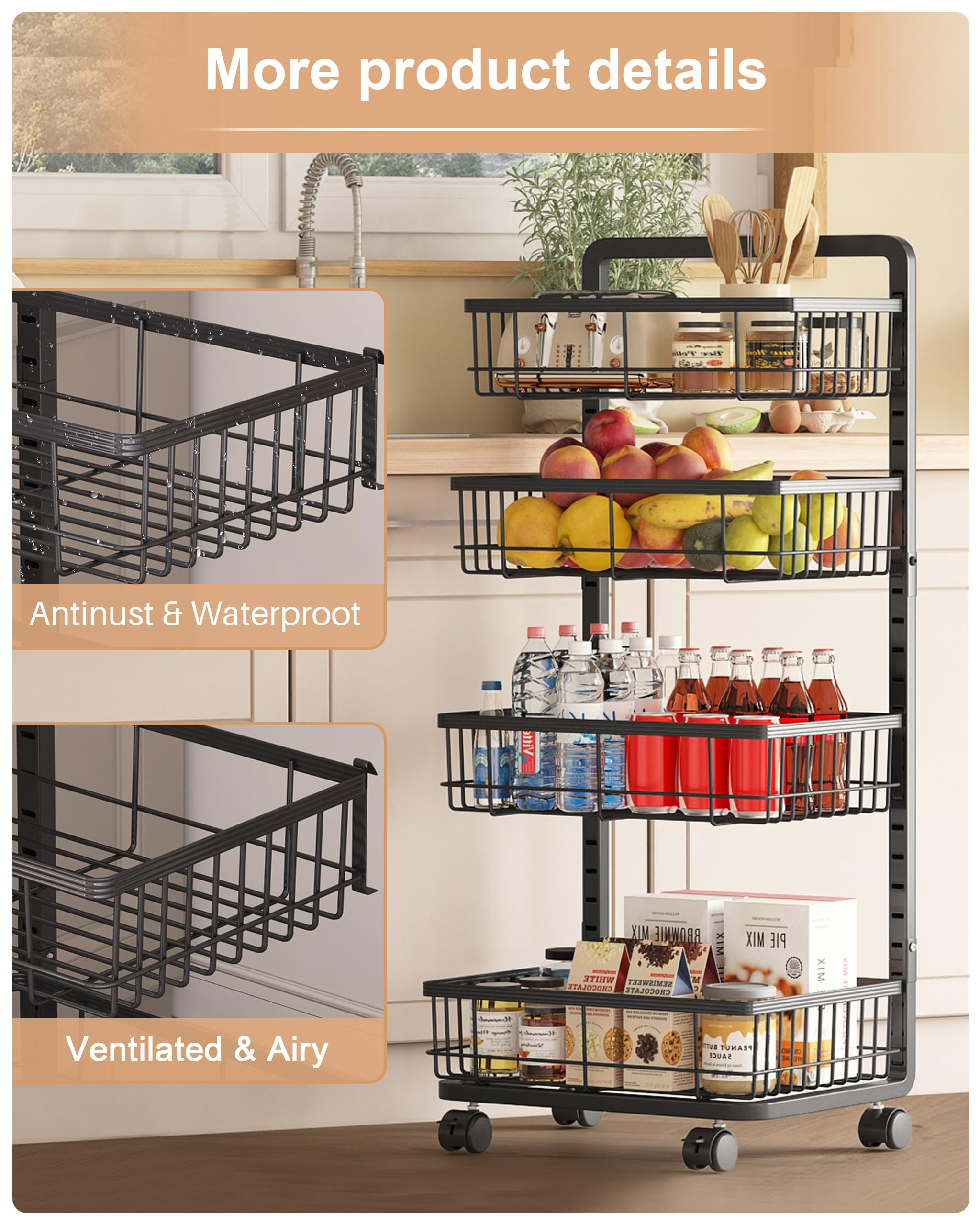 UMDONX 4-Tier Kitchen Storage Cart Metal Snack Cart Adjustable Fruit Basket on Wheels Stand Baske... | Amazon (US)